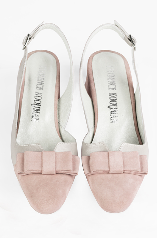 Powder pink and pure white women's open back shoes, with a knot. Round toe. Low flare heels. Top view - Florence KOOIJMAN